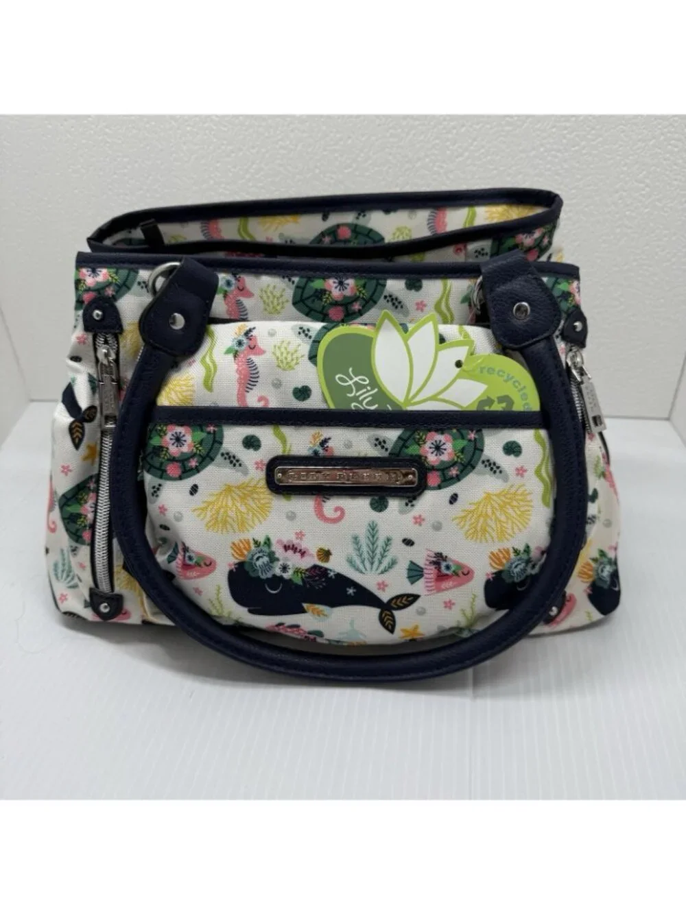 Lily Bloom Maggie Satchel OS Navy Multicolor Ocean Turtles Whales NWT Eco Purse